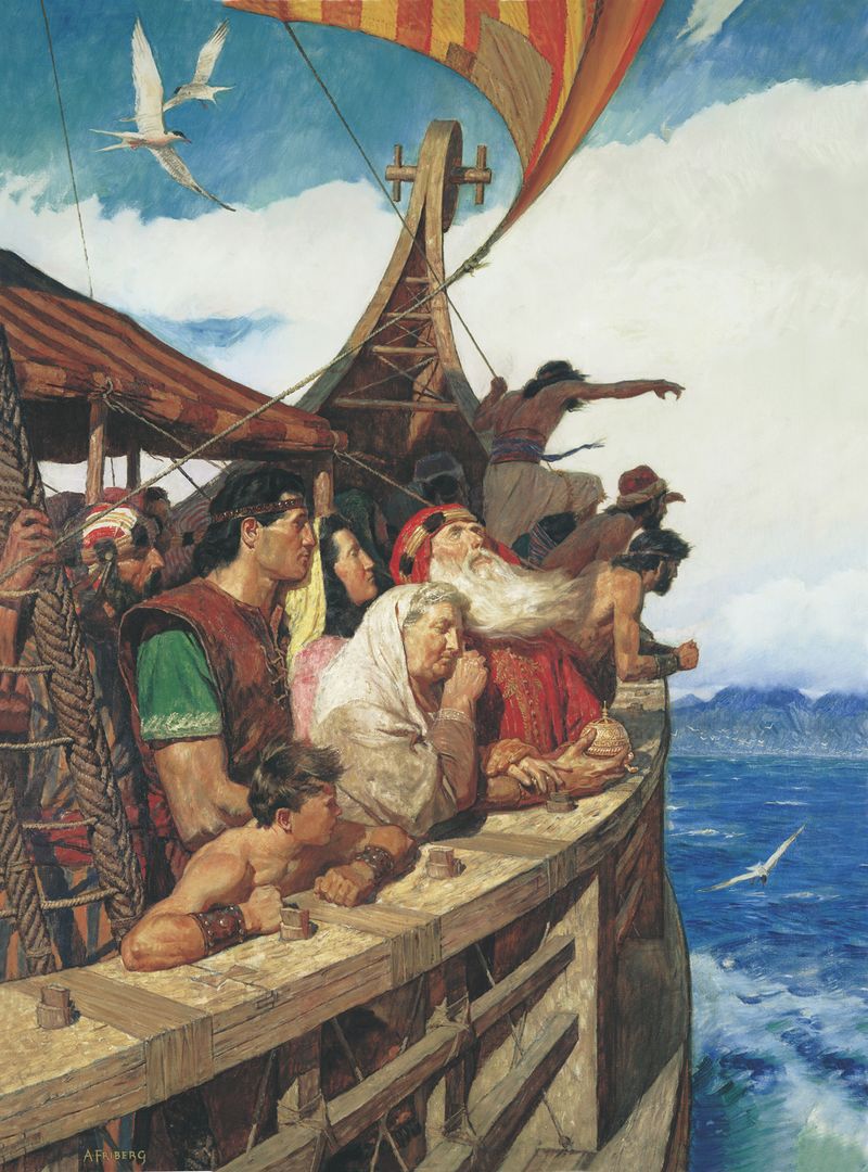 Lehi dhe familja e tij nga Libri i Mormonit lundrojnë për në tokën e premtuar