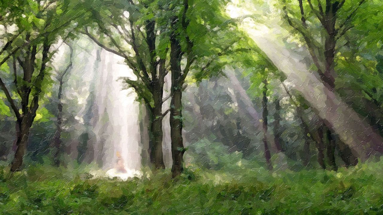 Një shtyllë drite shkëlqen nga qielli mbi Jozef Smithin gjatë ngjarjes të njohur si Vegimi i Parë