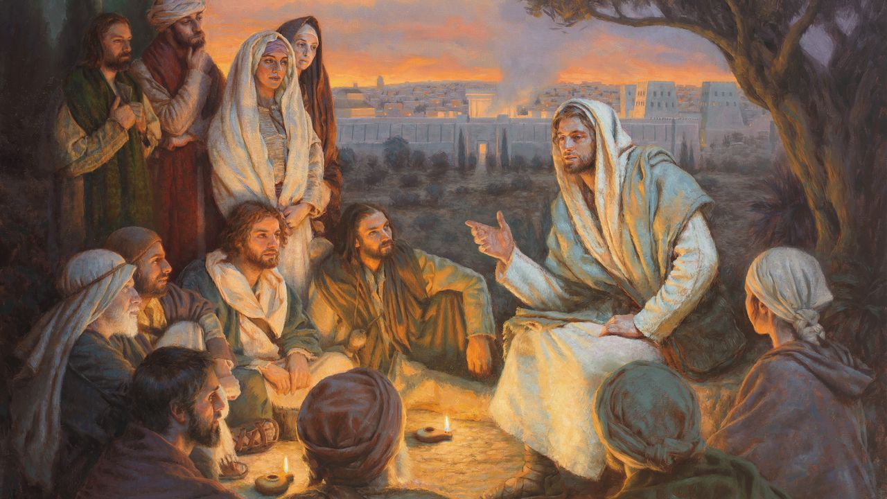 Jezu Krishti u jep mësim dishepujve të Tij mbi një kodër me pamje nga portat e qytetit të Jerusalemit