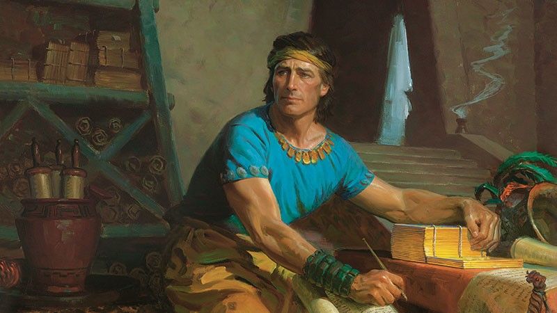 Mormoni, autori kryesor i Librit të Mormonit, transkripton fletët e arta në një shpellë